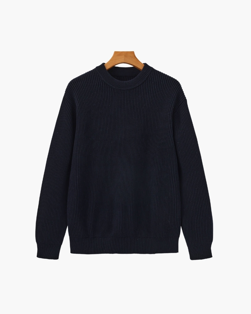 Men's Ribbed Crewneck Sweater With Banded Edges - Navy