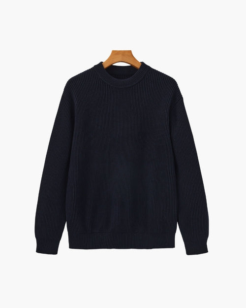 Men's Ribbed Crewneck Sweater With Banded Edges - Navy