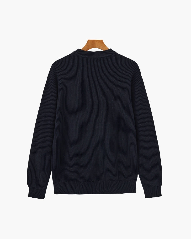 Men's Ribbed Crewneck Sweater With Banded Edges - Navy