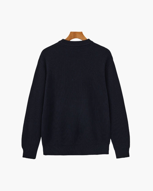 Men's Ribbed Crewneck Sweater With Banded Edges - Navy