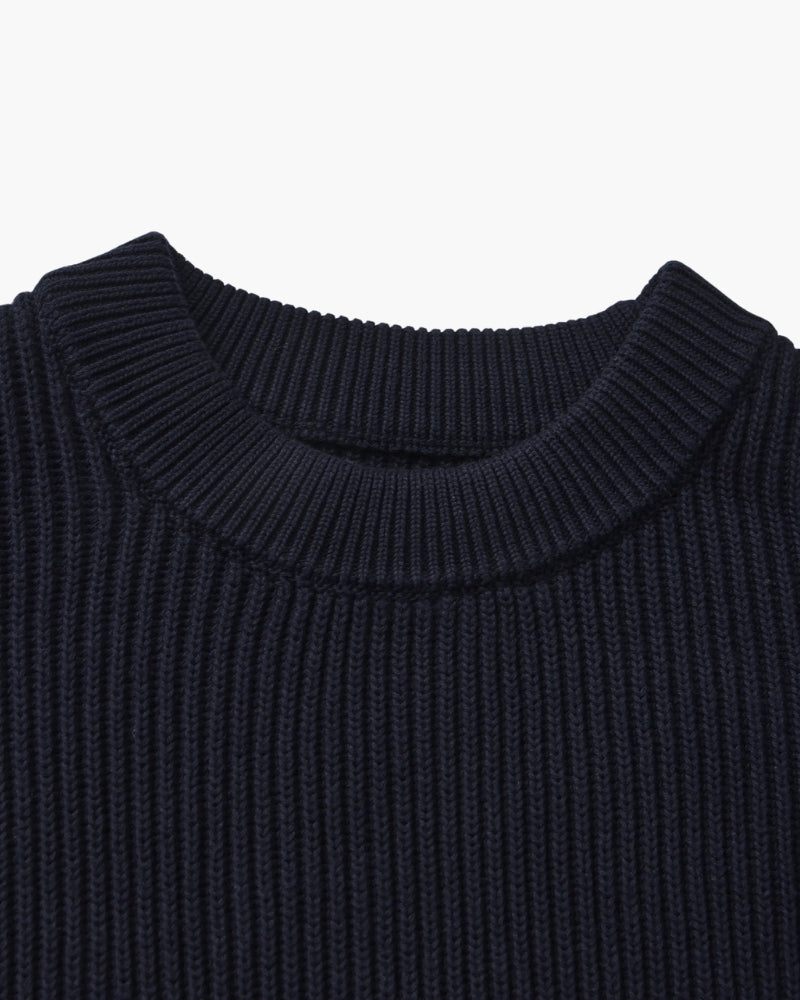 Men's Ribbed Crewneck Sweater With Banded Edges - Navy