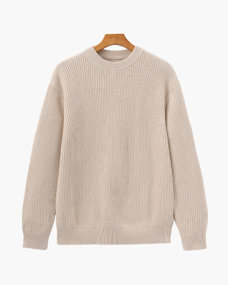 Men's Ribbed Crewneck Sweater With Banded Edges - Beige
