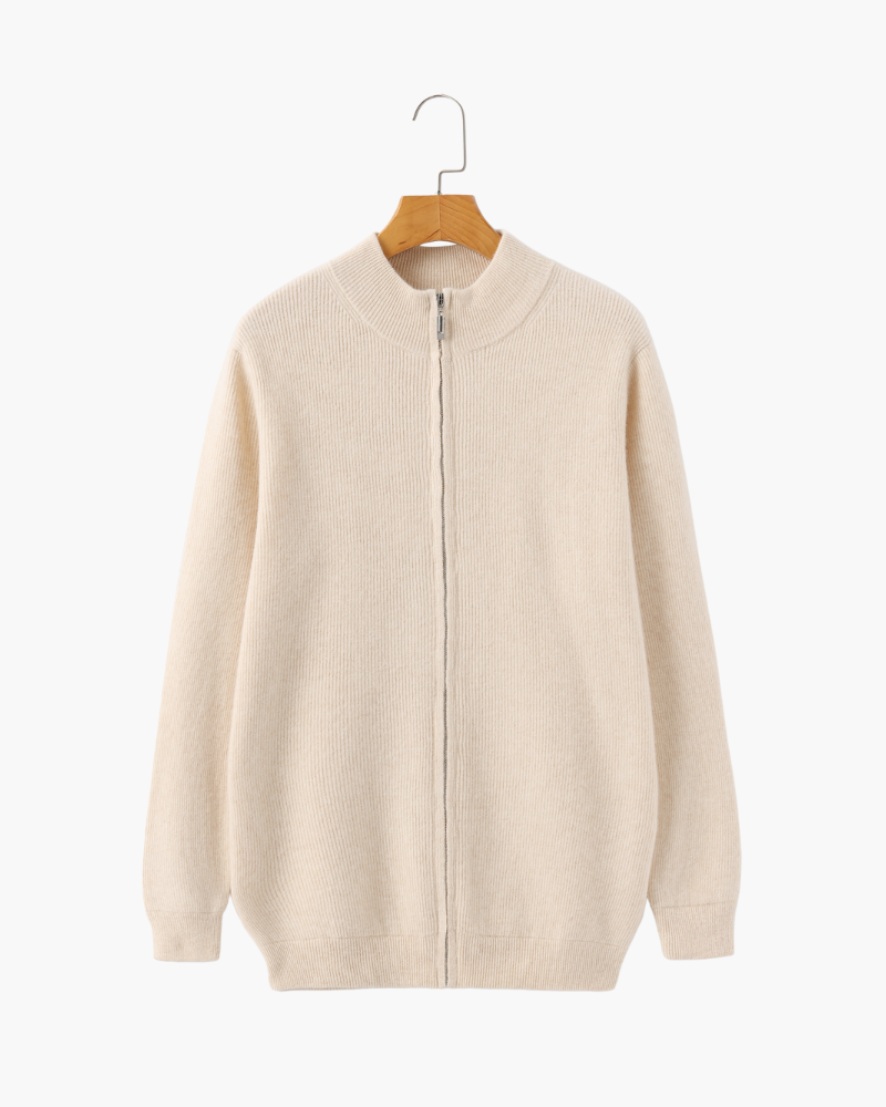 Men's Ribbed Full-Zip Cardigan With a Stand Neck - Beige