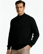 Men's Ribbed Full-Zip Cardigan With a Stand Neck - Black