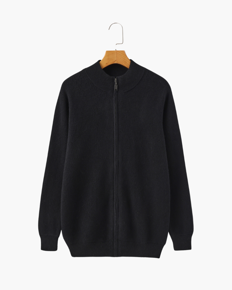 Men's Ribbed Full-Zip Cardigan With a Stand Neck - Black