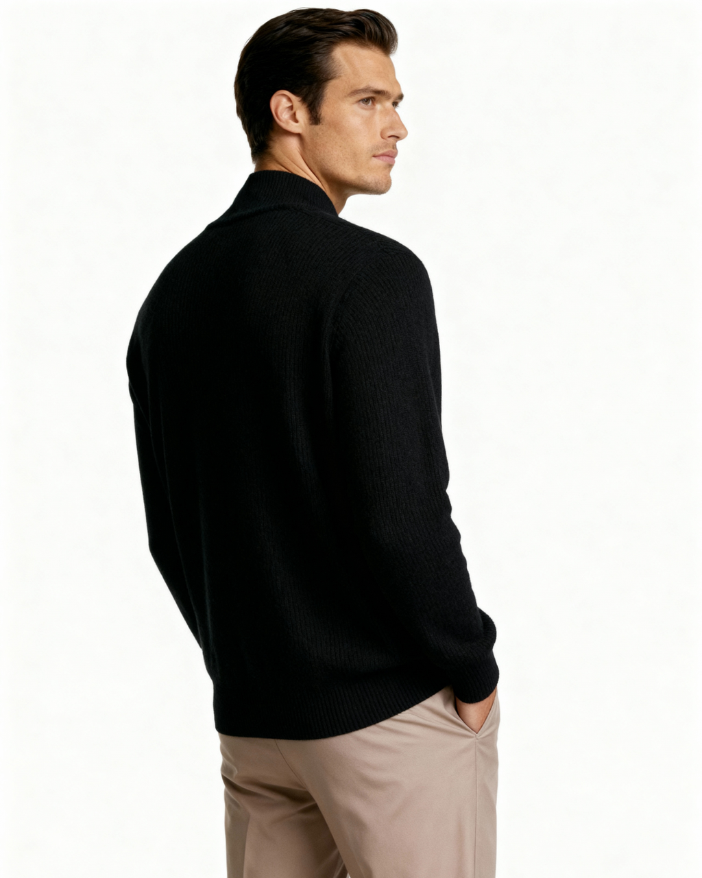 Men's Ribbed Full-Zip Cardigan With a Stand Neck - Black