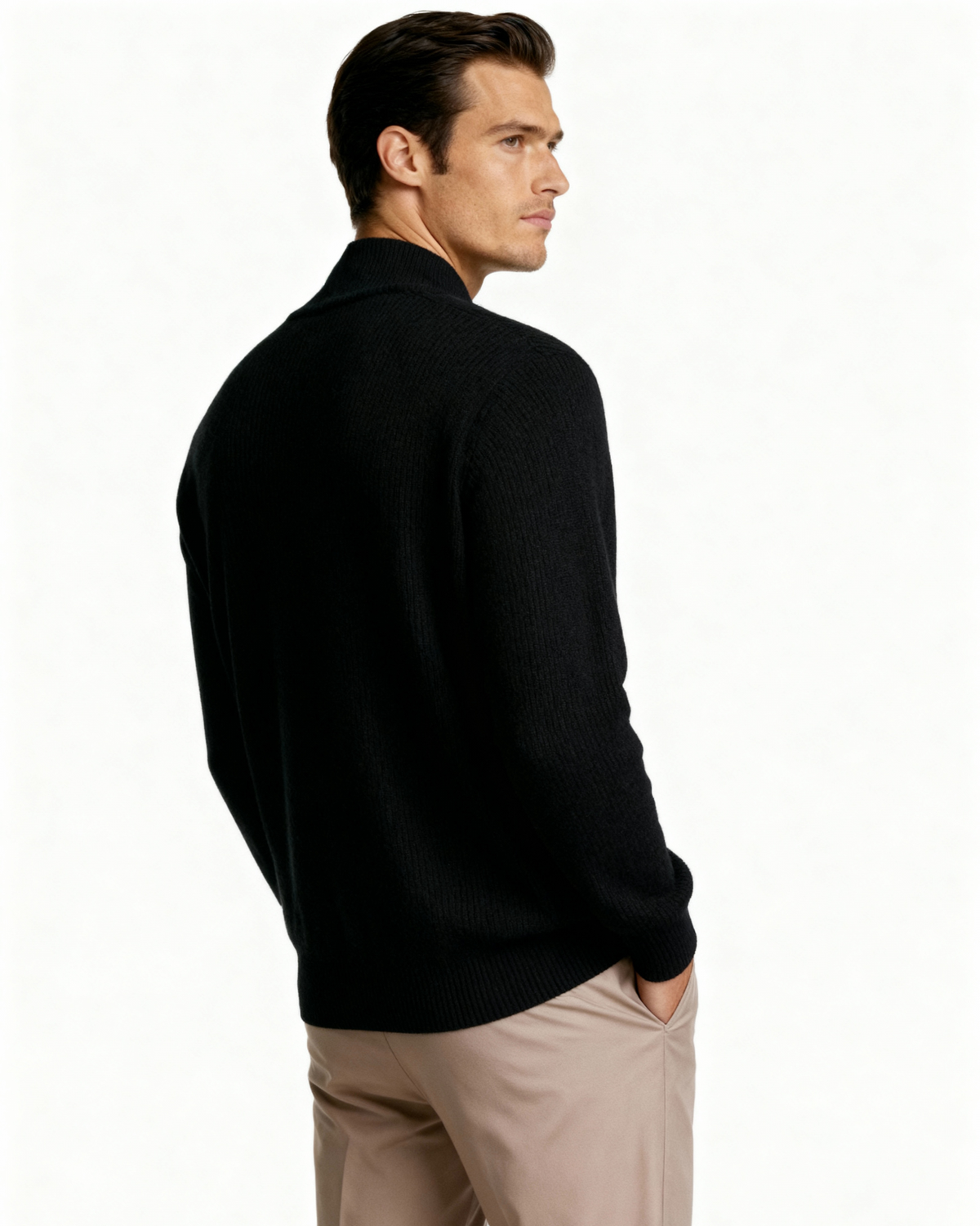 Men's Ribbed Full-Zip Cardigan With a Stand Neck - Black