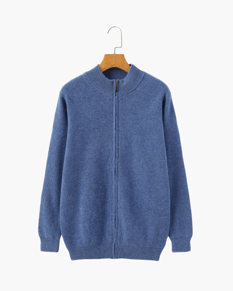 Men's Ribbed Full-Zip Cardigan With a Stand Neck - Blue