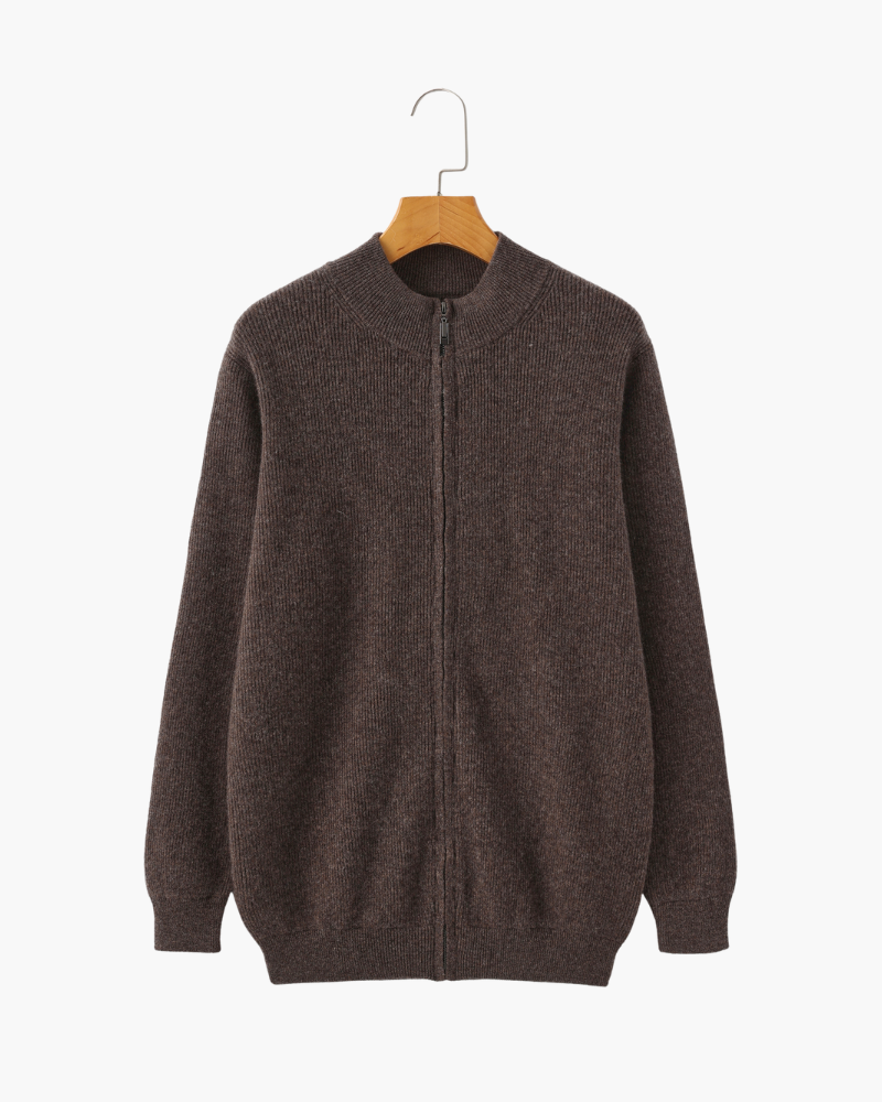 Men's Ribbed Full-Zip Cardigan With a Stand Neck - Brown