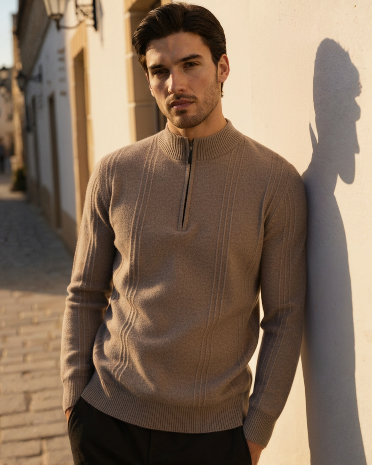 Men's Ribbed Half-Zip Sweater With a Round Stand Neck - Beige