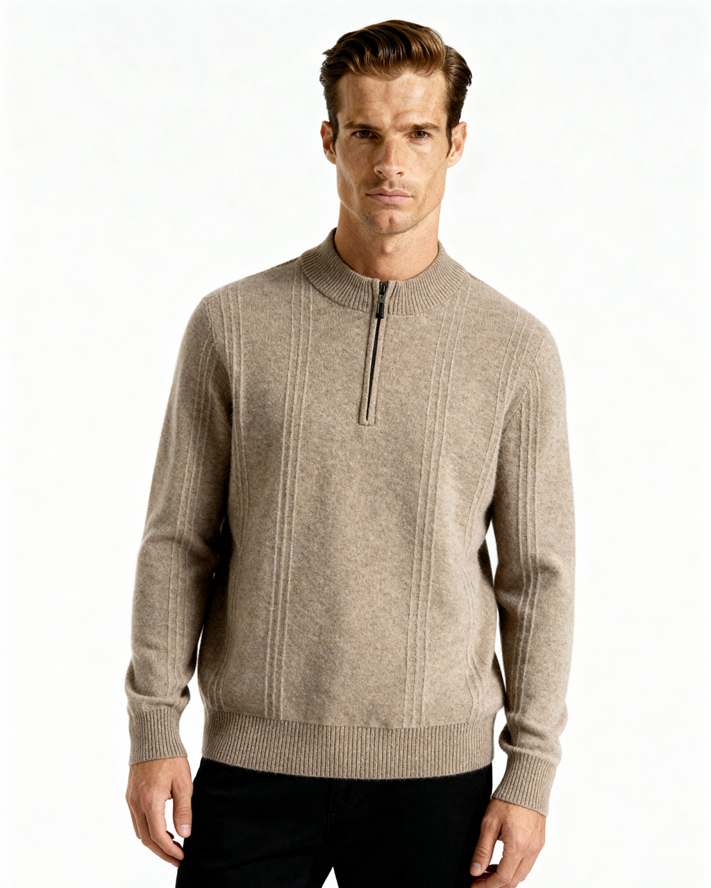 Men's Ribbed Half-Zip Sweater With a Round Stand Neck - Beige