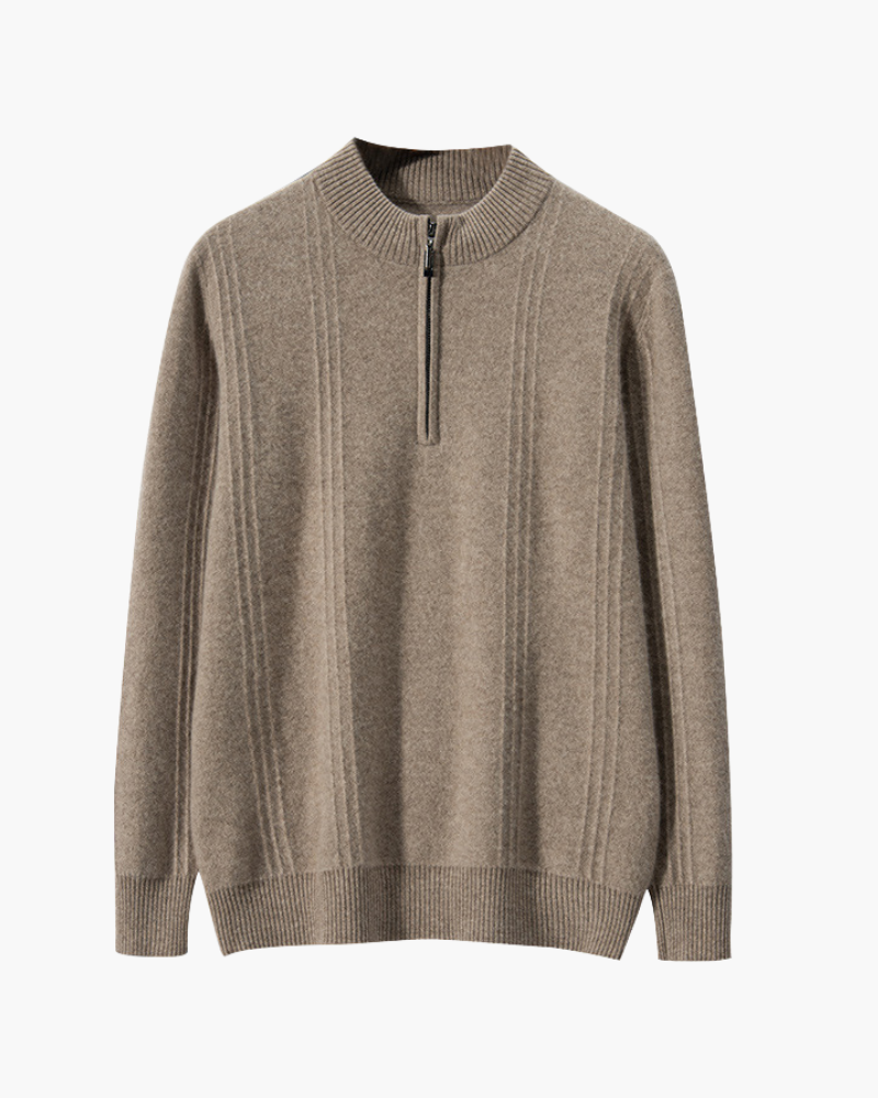 Men's Ribbed Half-Zip Sweater With a Round Stand Neck - Beige
