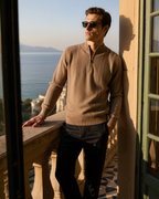 Men's Ribbed Half-Zip Sweater With a Round Stand Neck - Beige