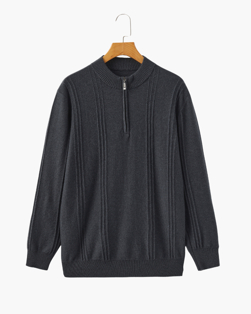 Men's Ribbed Half-Zip Sweater With a Round Stand Neck - Dark Gray