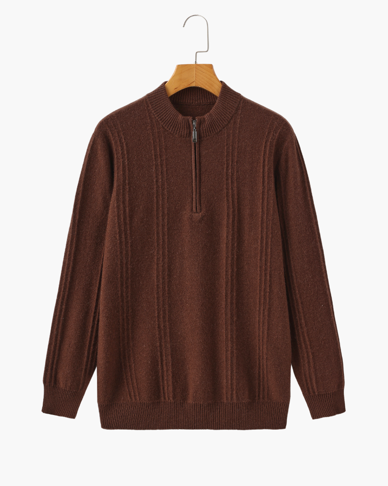 Men's Ribbed Half-Zip Sweater With a Round Stand Neck - Brown