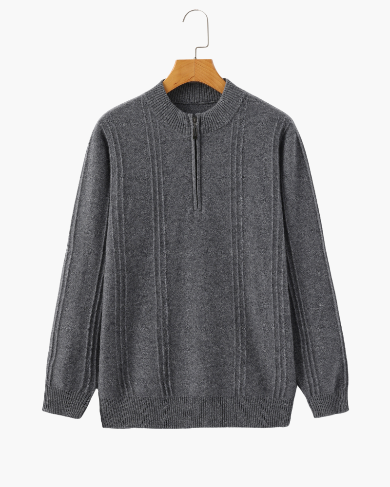 Men's Ribbed Half-Zip Sweater With a Round Stand Neck - Gray