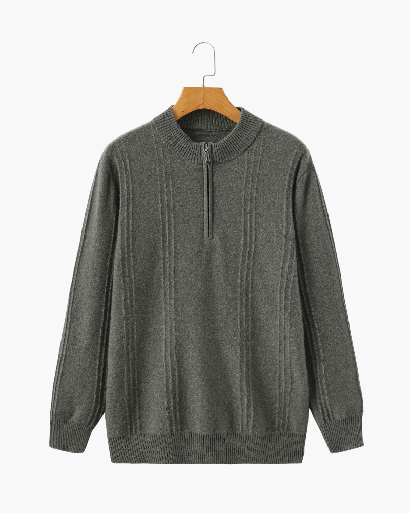 Men's Ribbed Half-Zip Sweater With a Round Stand Neck - Olive Green