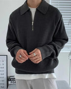 Men's Ribbed Zip-Neck Sweater With a Pointed Collar - Dark Gray