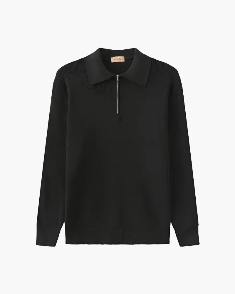 Men's Ribbed Zip-Neck Sweater With a Pointed Collar - Dark Gray