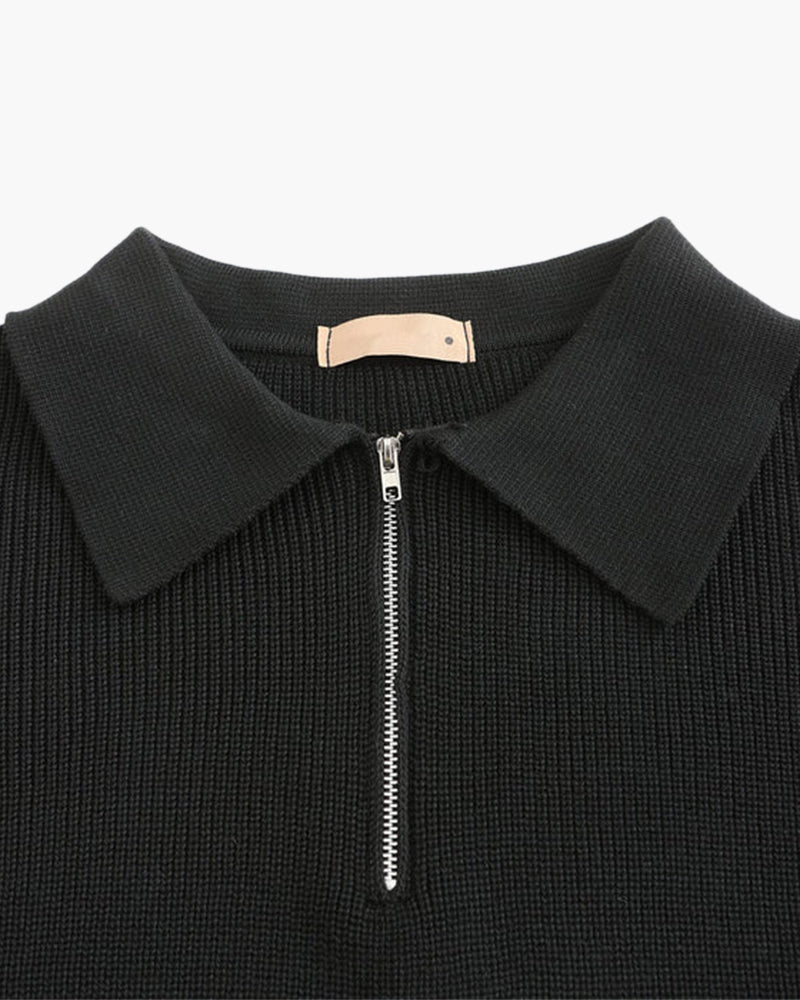 Men's Ribbed Zip-Neck Sweater With a Pointed Collar - Dark Gray