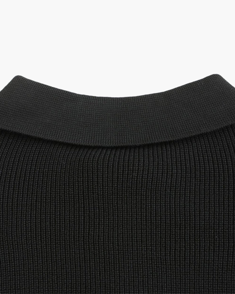 Men's Ribbed Zip-Neck Sweater With a Pointed Collar - Dark Gray