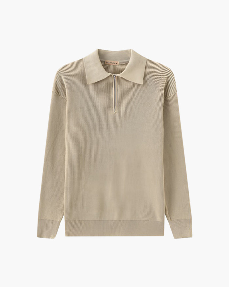 Men's Ribbed Zip-Neck Sweater With a Pointed Collar - Nude