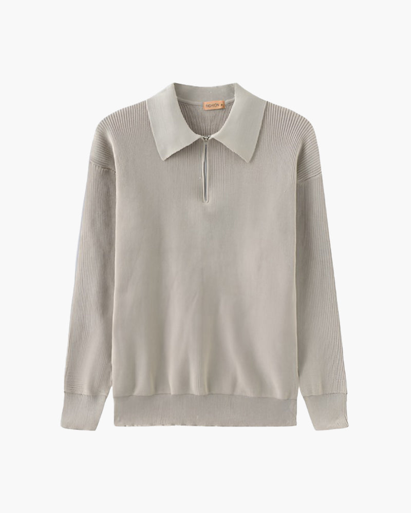 Men's Ribbed Zip-Neck Sweater With a Pointed Collar - Light Gray