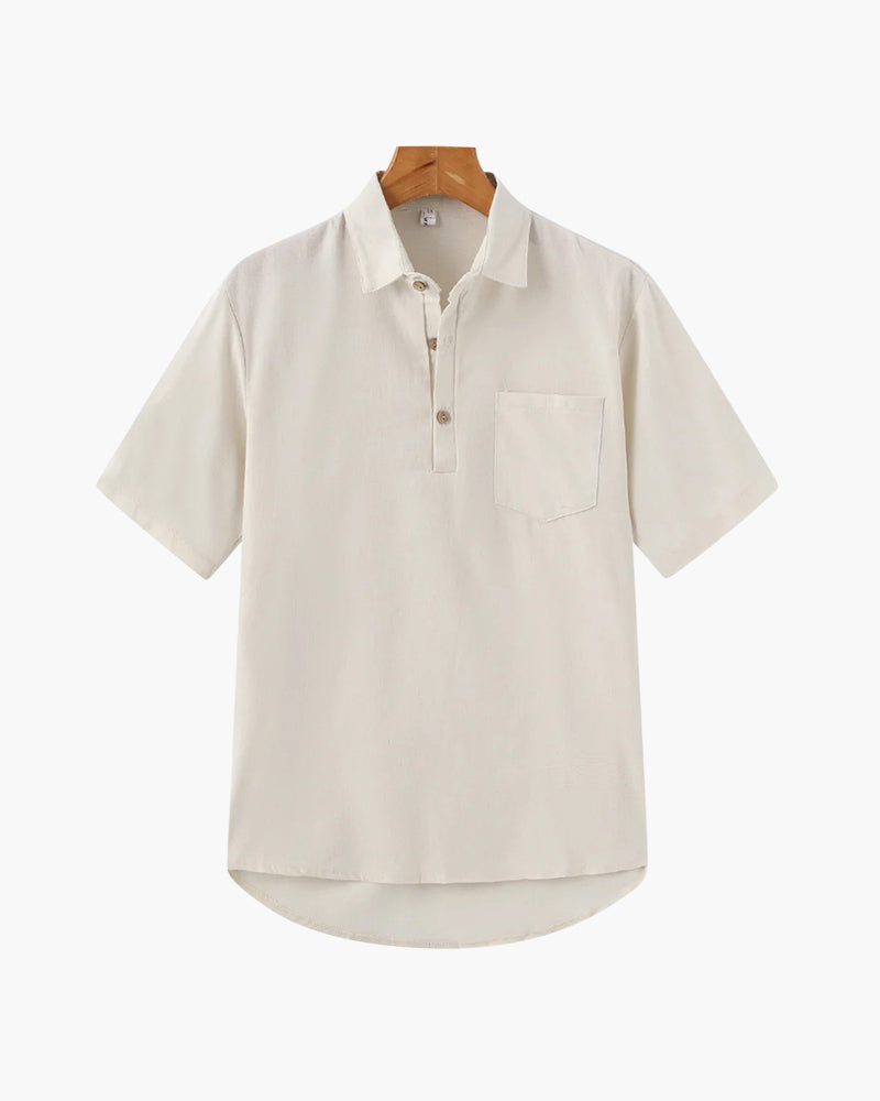 Men's Short Button-Placket Shirt With Curved Hems - Beige