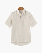 Men's Short Button-Placket Shirt With Curved Hems - Beige