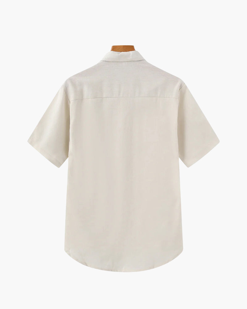 Men's Short Button-Placket Shirt With Curved Hems - Beige