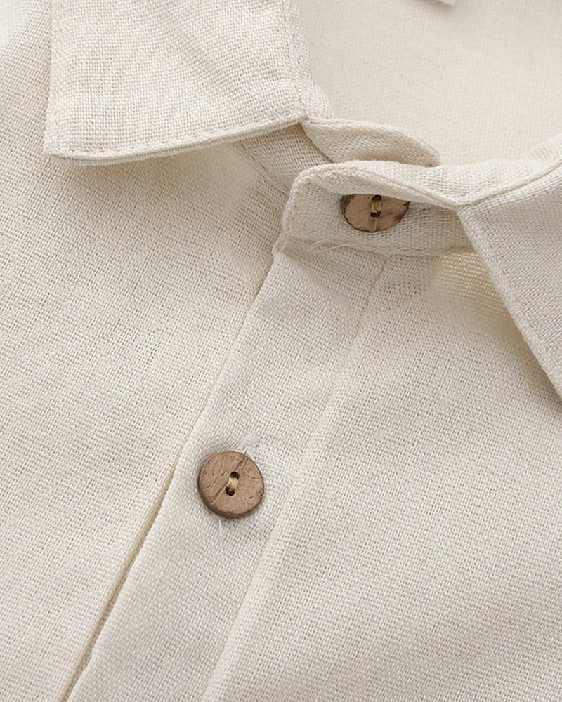 Men's Short Button-Placket Shirt With Curved Hems - Beige