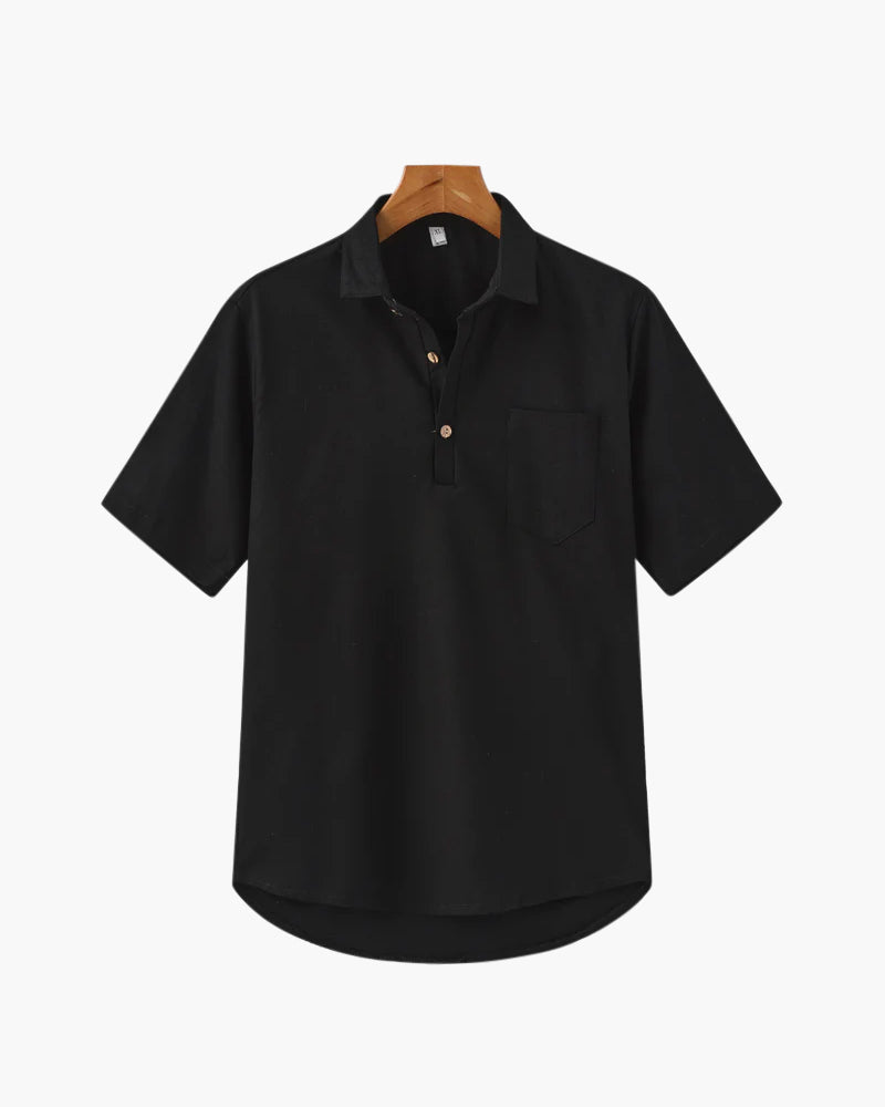 Men's Short Button-Placket Shirt With Curved Hems - Black