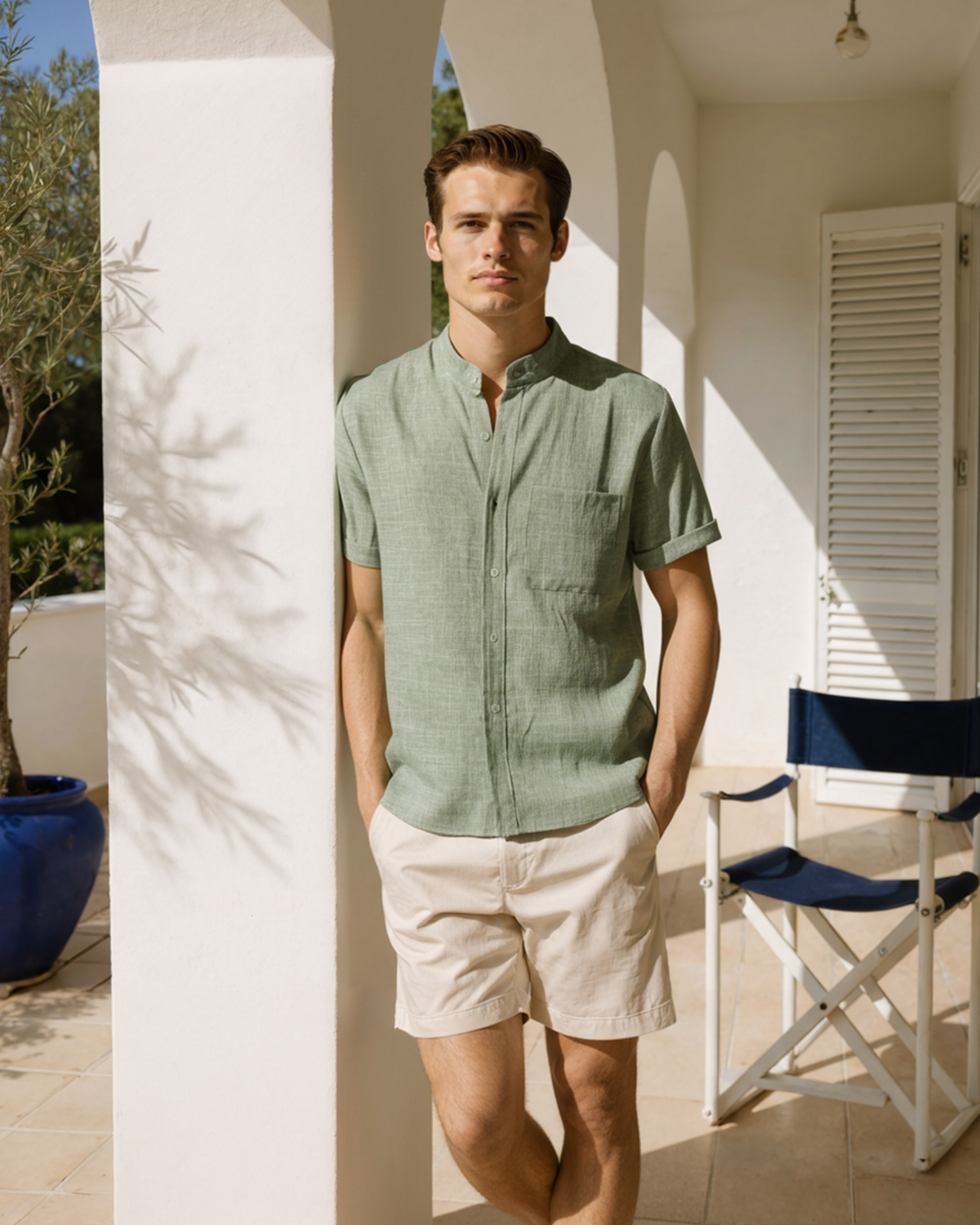 Men's Short-Sleeve Band-Collar Shirt With Buttons - Green