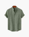 Men's Short-Sleeve Band-Collar Shirt With Buttons - Green