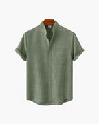 Men's Short-Sleeve Band-Collar Shirt With Buttons - Green