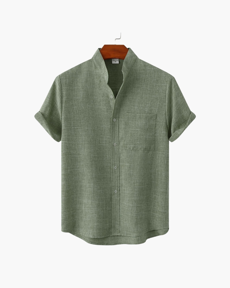 Men's Short-Sleeve Band-Collar Shirt With Buttons - Green