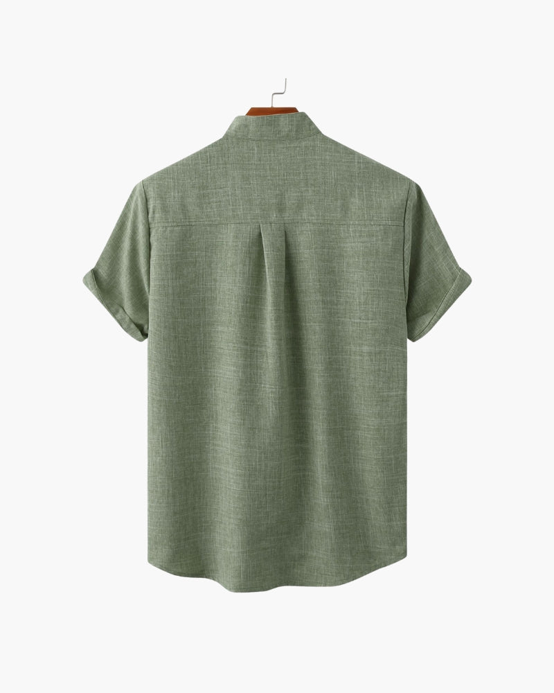 Men's Short-Sleeve Band-Collar Shirt With Buttons - Green