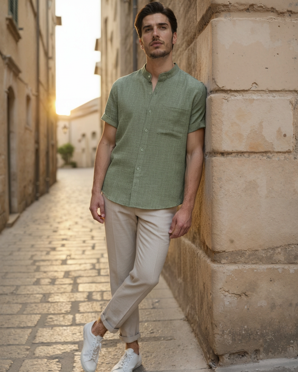Men's Short-Sleeve Band-Collar Shirt With Buttons - Green