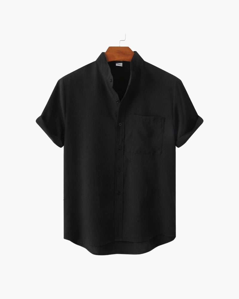 Men's Short-Sleeve Band-Collar Shirt With Buttons - Black