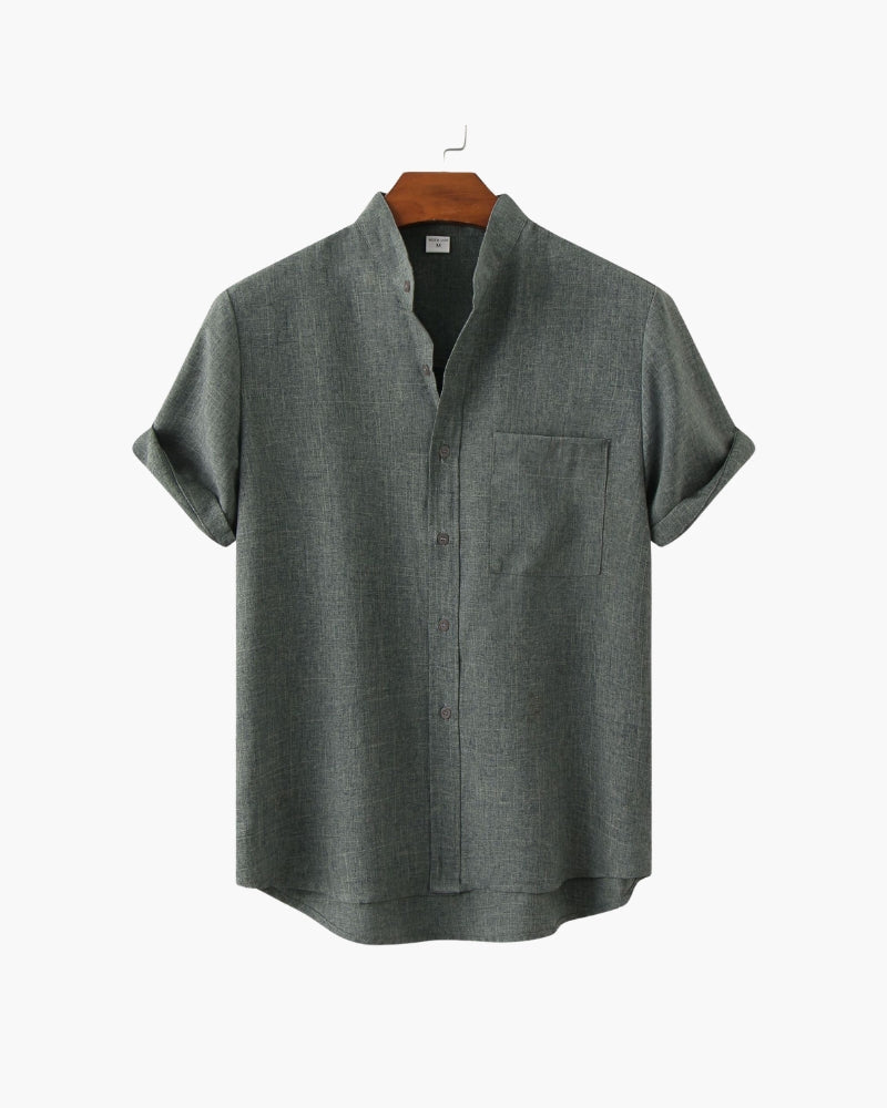 Men's Short-Sleeve Band-Collar Shirt With Buttons - Gray