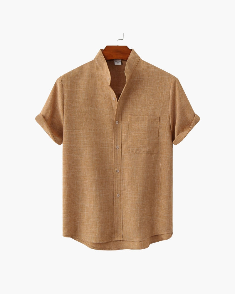 Men's Short-Sleeve Band-Collar Shirt With Buttons - Yellow