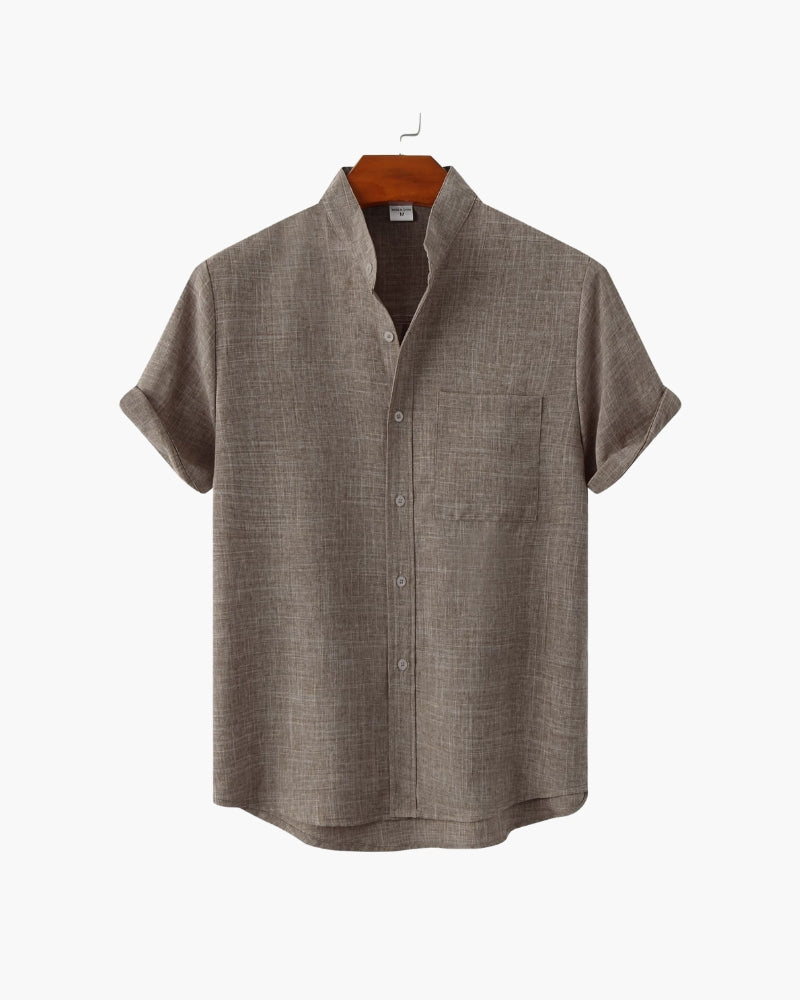 Men's Short-Sleeve Band-Collar Shirt With Buttons - Brown