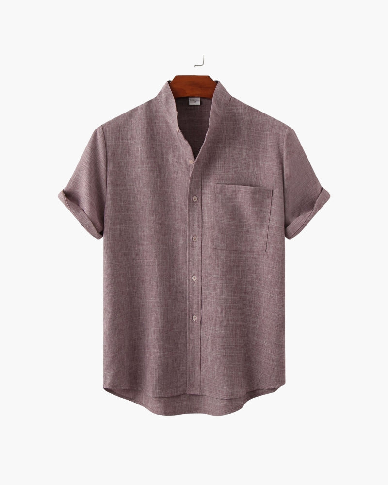 Men's Short-Sleeve Band-Collar Shirt With Buttons - Purple