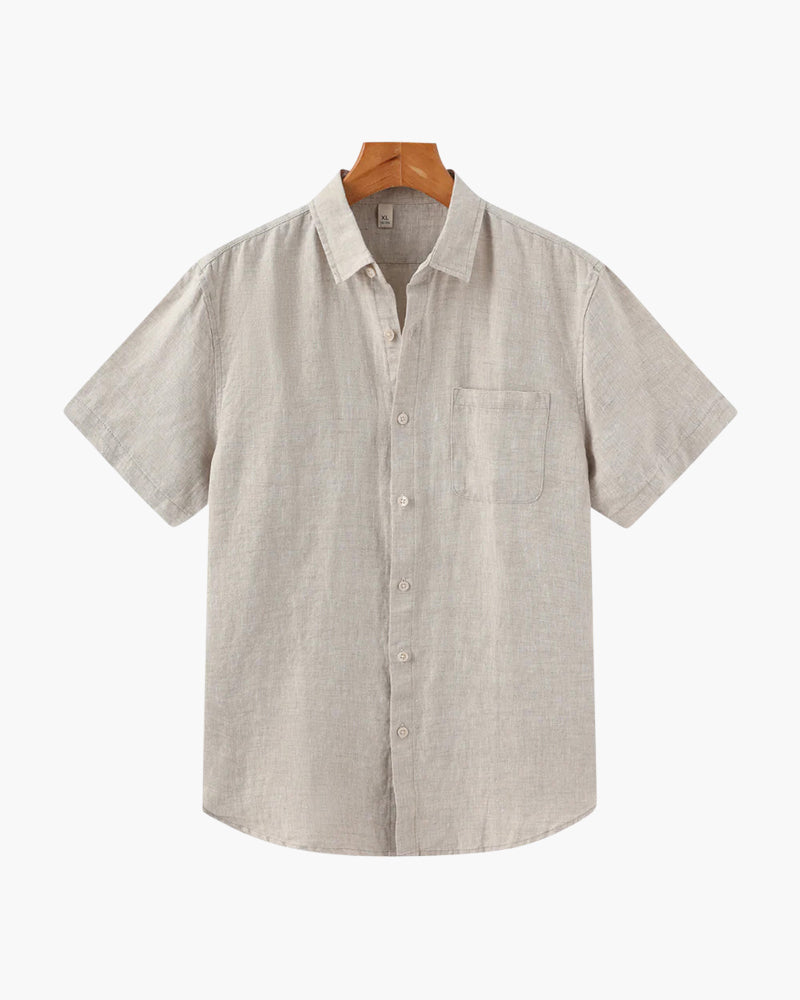 Men's Short-Sleeve Button Shirt With a Curved Hem - Beige