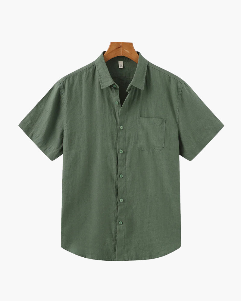 Men's Short-Sleeve Button Shirt With a Curved Hem - Green