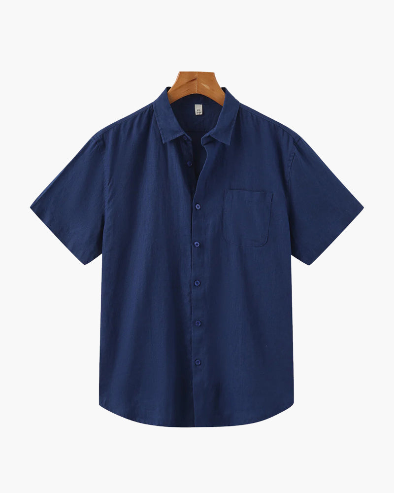 Men's Short-Sleeve Button Shirt With a Curved Hem - Blue