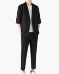Men's Short-Sleeve Jacket and Straight Trousers Set - Black