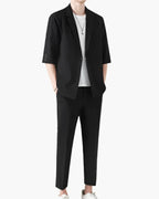 Men's Short-Sleeve Jacket and Straight Trousers Set - Black