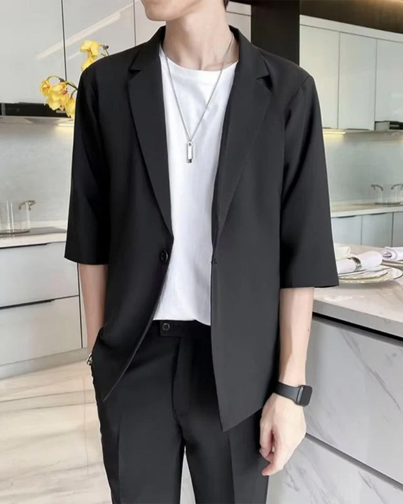 Men's Short-Sleeve Jacket and Straight Trousers Set - Black