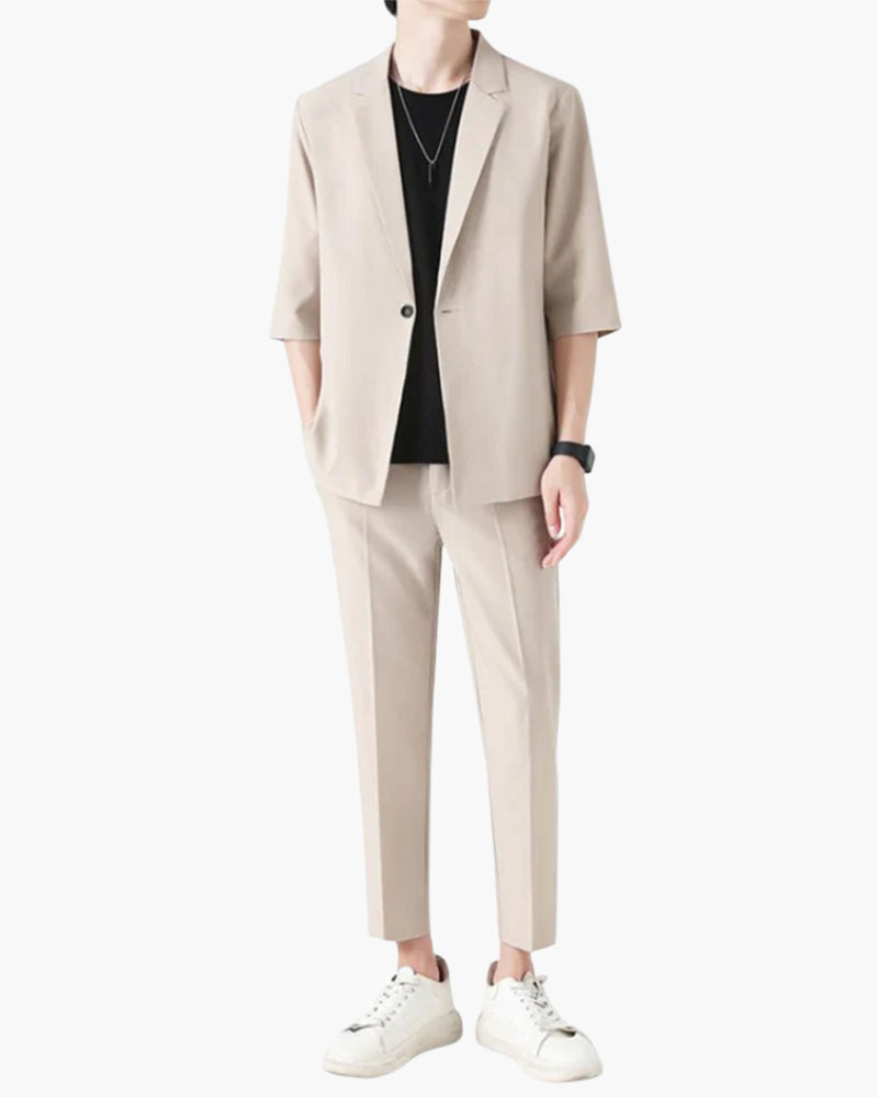 Men's Short-Sleeve Jacket and Straight Trousers Set - Beige
